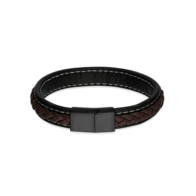 Stainless Steel Brown Pleated Leather Bracelet