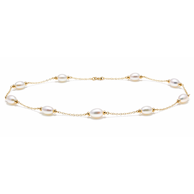 9ct Yellow Gold Barrel Pearl Trace Chain Necklace