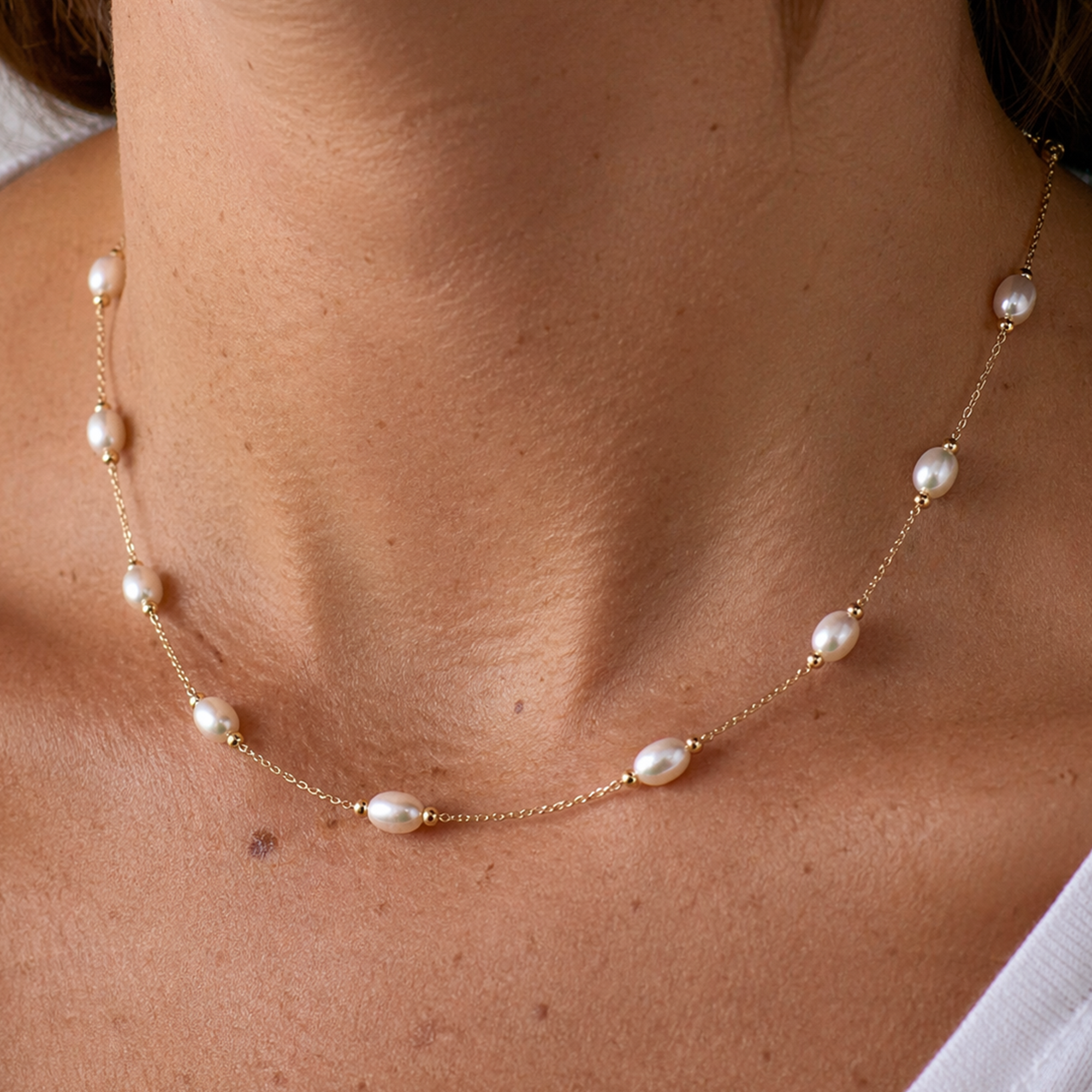 9ct Yellow Gold Barrel Pearl Trace Chain Necklace