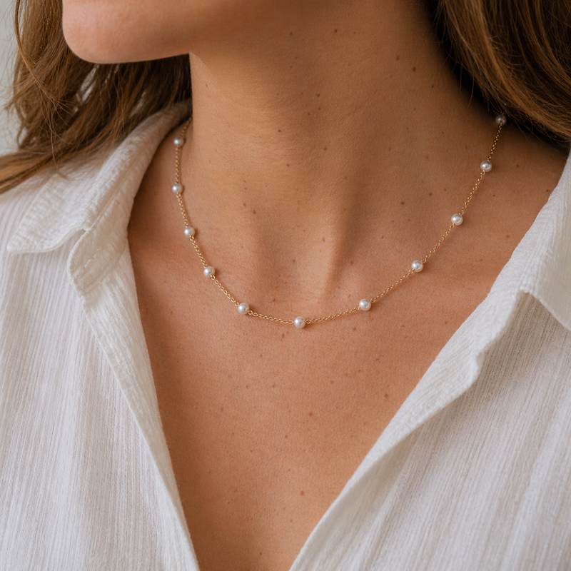 9ct Yellow Gold Pearl Trace Chain Necklace