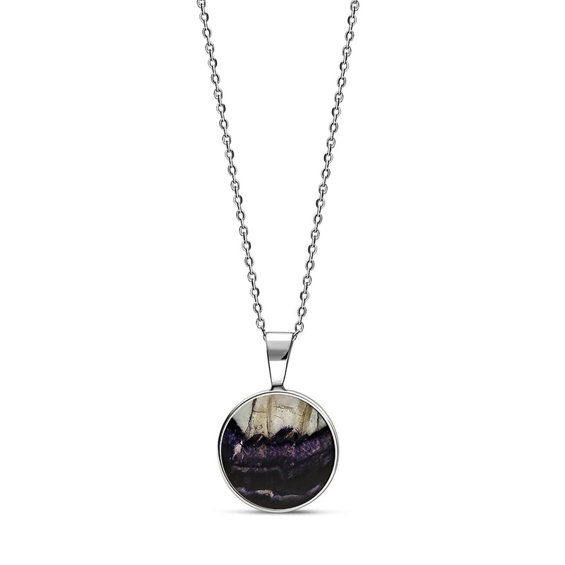 A sterling silver round pendant featuring a blue john gemstone, accompanied by a sterling silver chain.