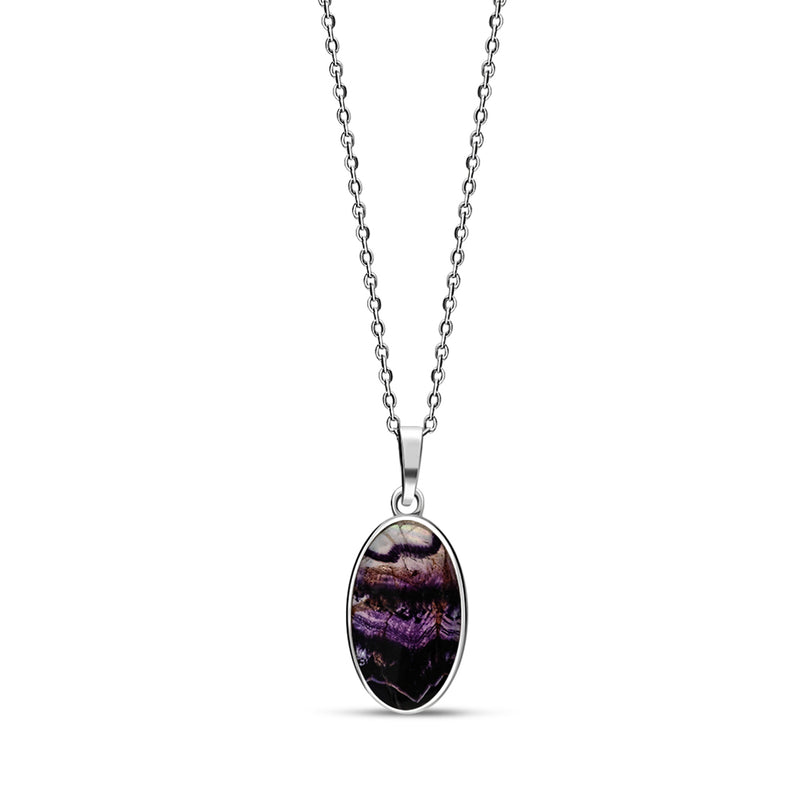 A sterling silver pendant featuring an oval-shaped Blue John gemstone, accompanied by a silver chain.