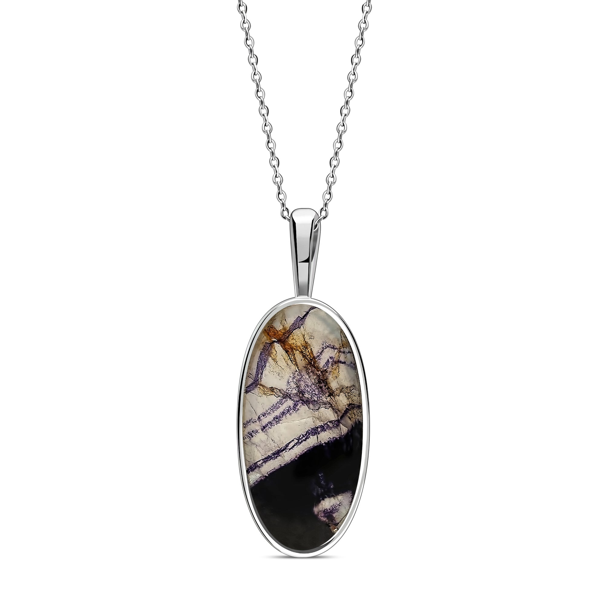 A sterling silver oval pendant featuring a cut Blue John gemstone, attached to a silver chain.