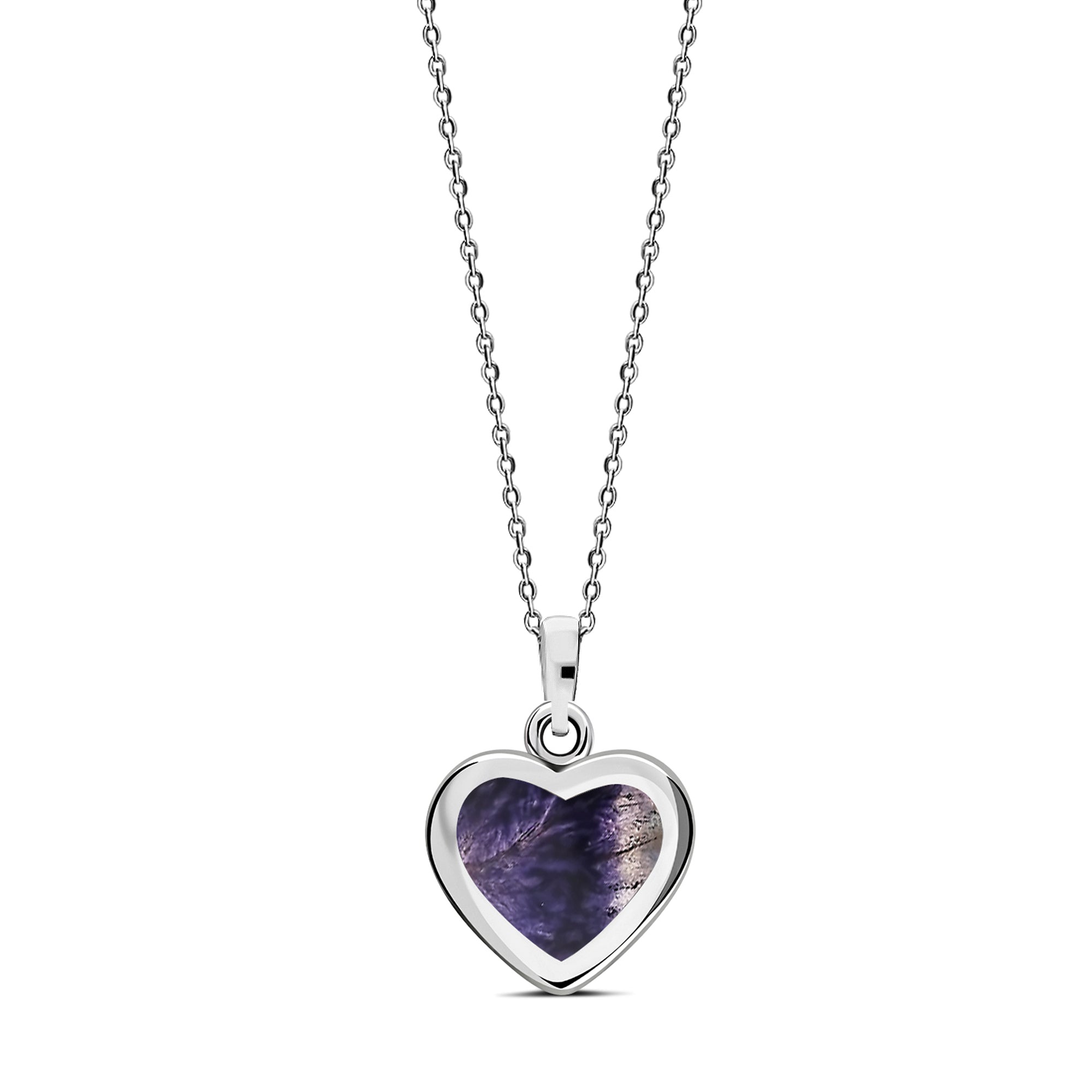 A Sterling Silver heart-shaped pendant necklace with a hand-formed Blue John gemstone, presented on a chain.