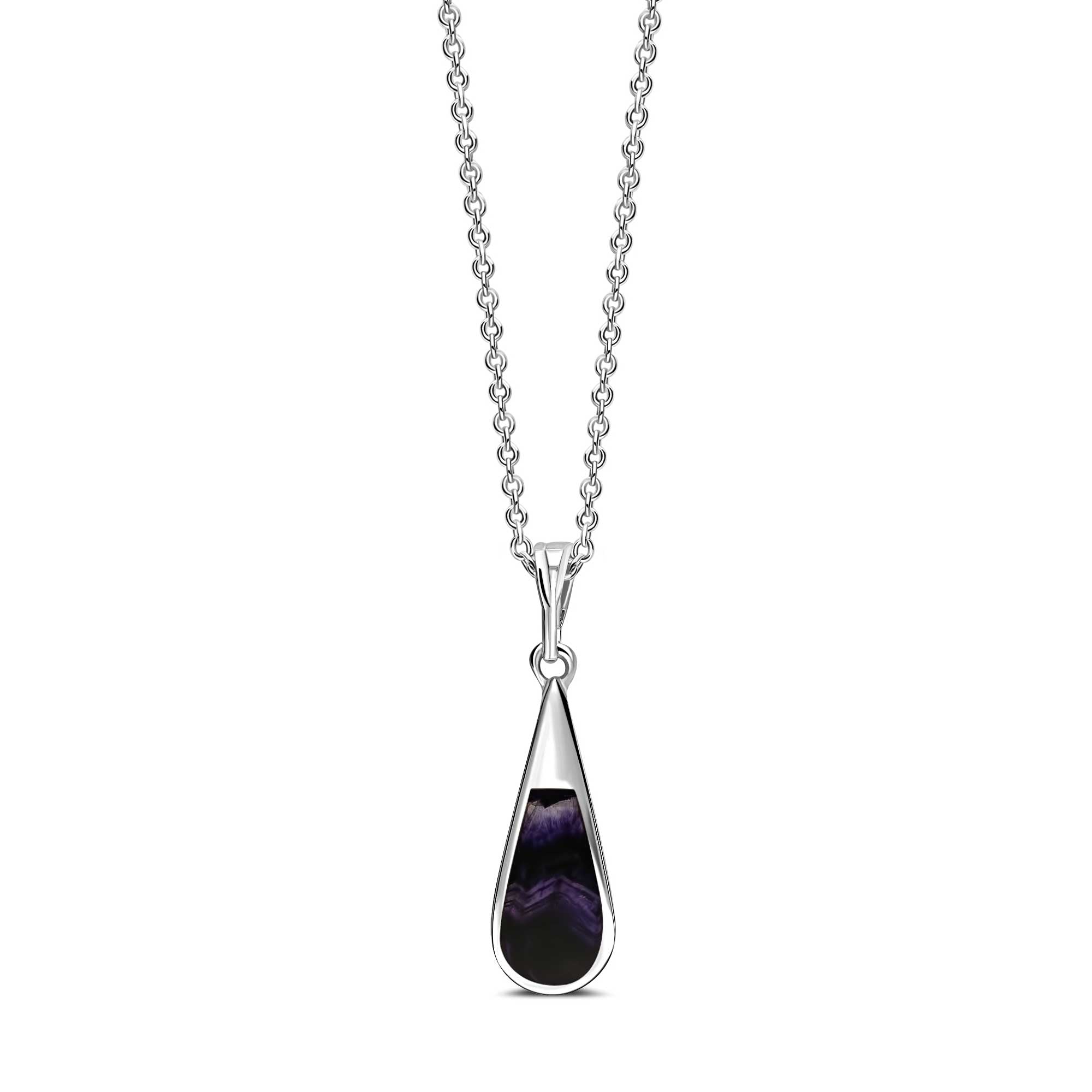 A sterling silver pendant featuring a teardrop-shaped blue john gemstone, with a chain loop.
