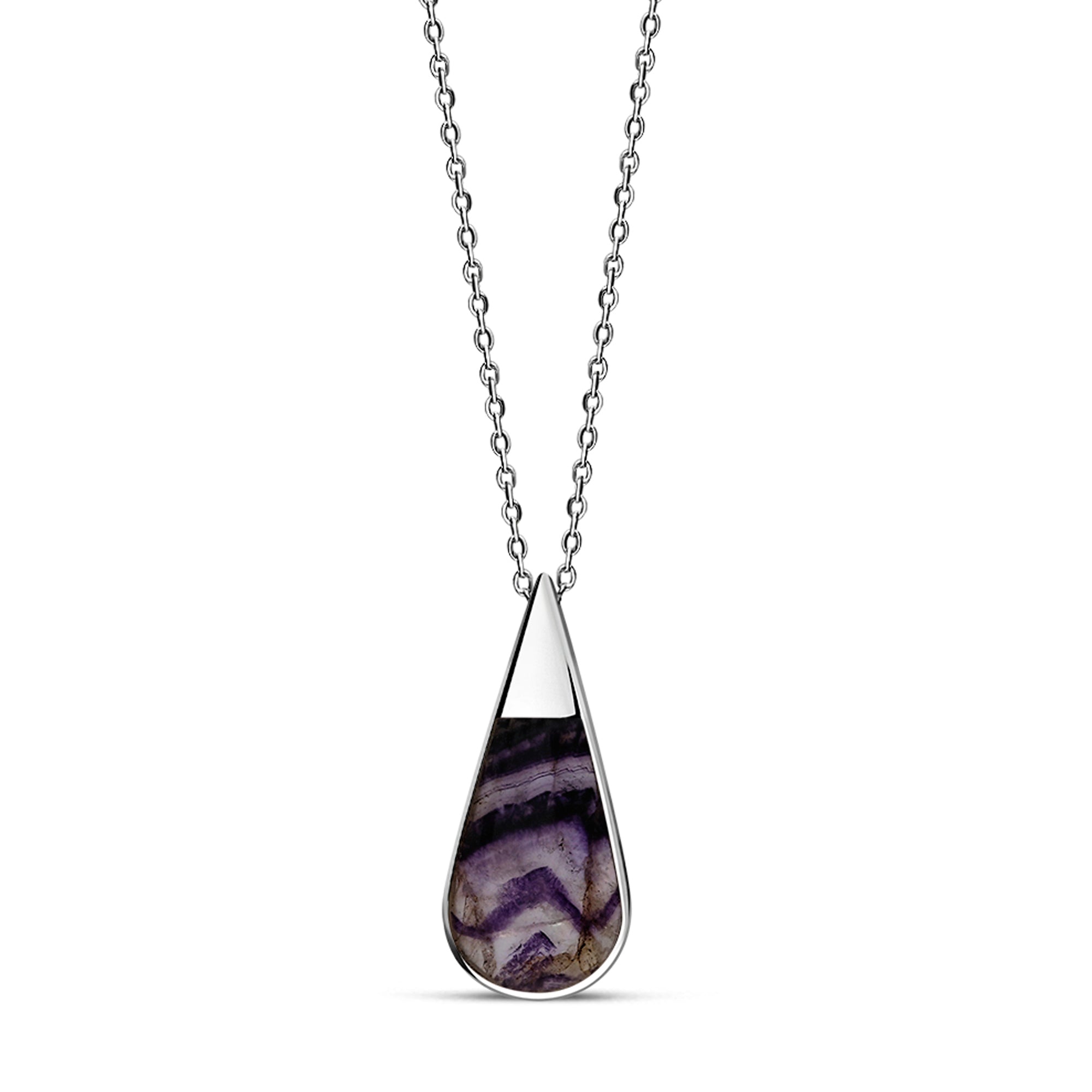 A sterling silver teardrop-shaped Blue John gemstone pendant suspended from a silver chain.