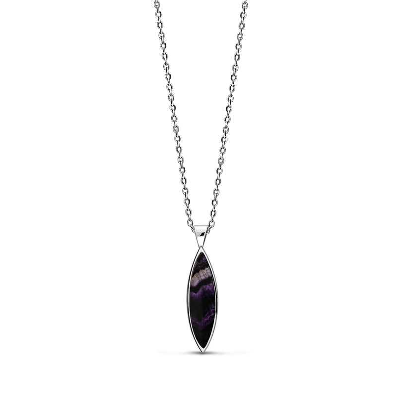 A sterling silver pendant with a marquise-shaped blue john gemstone, accompanied by a sterling silver chain.