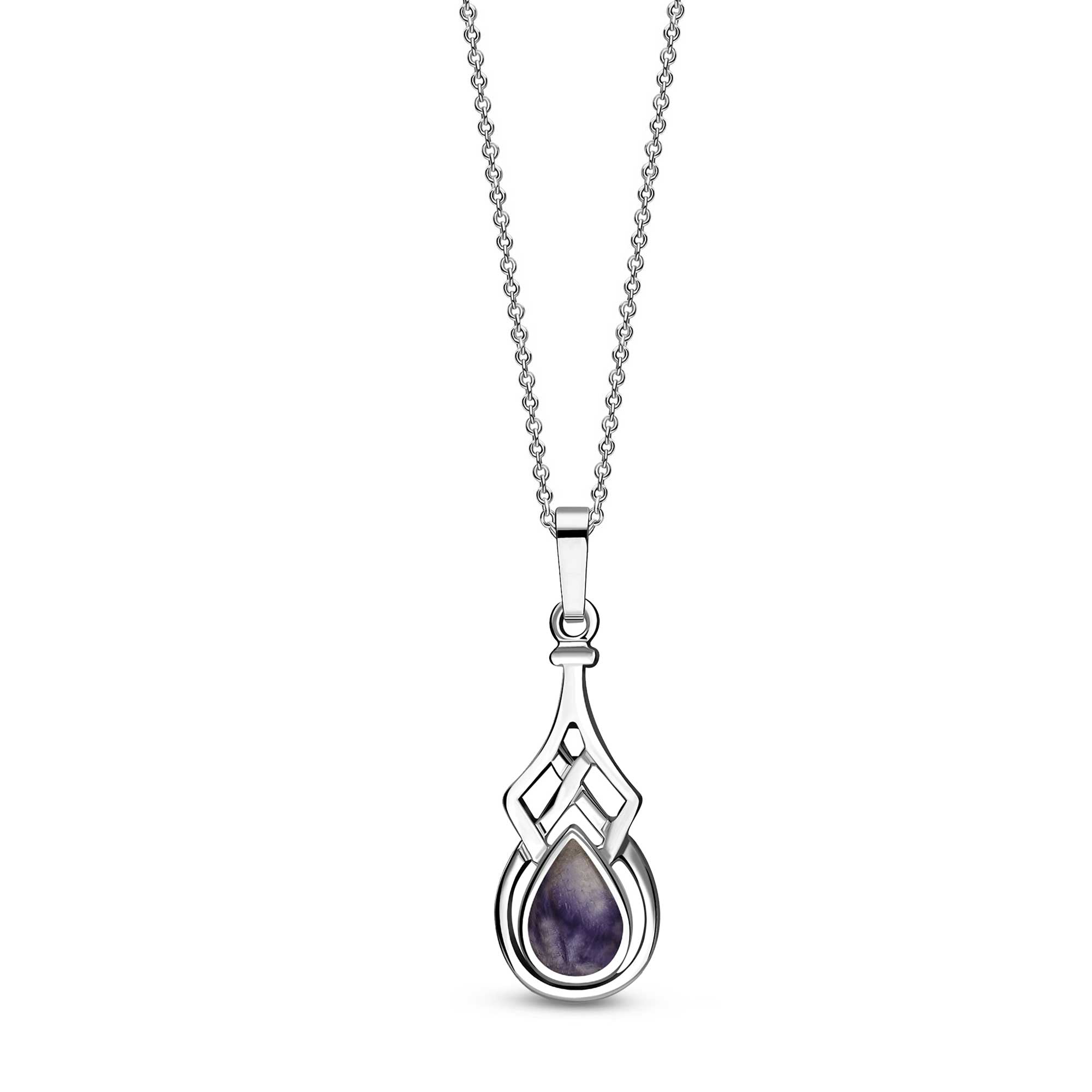 Silver pendant necklace with a purple teardrop-shaped gemstone on a white background