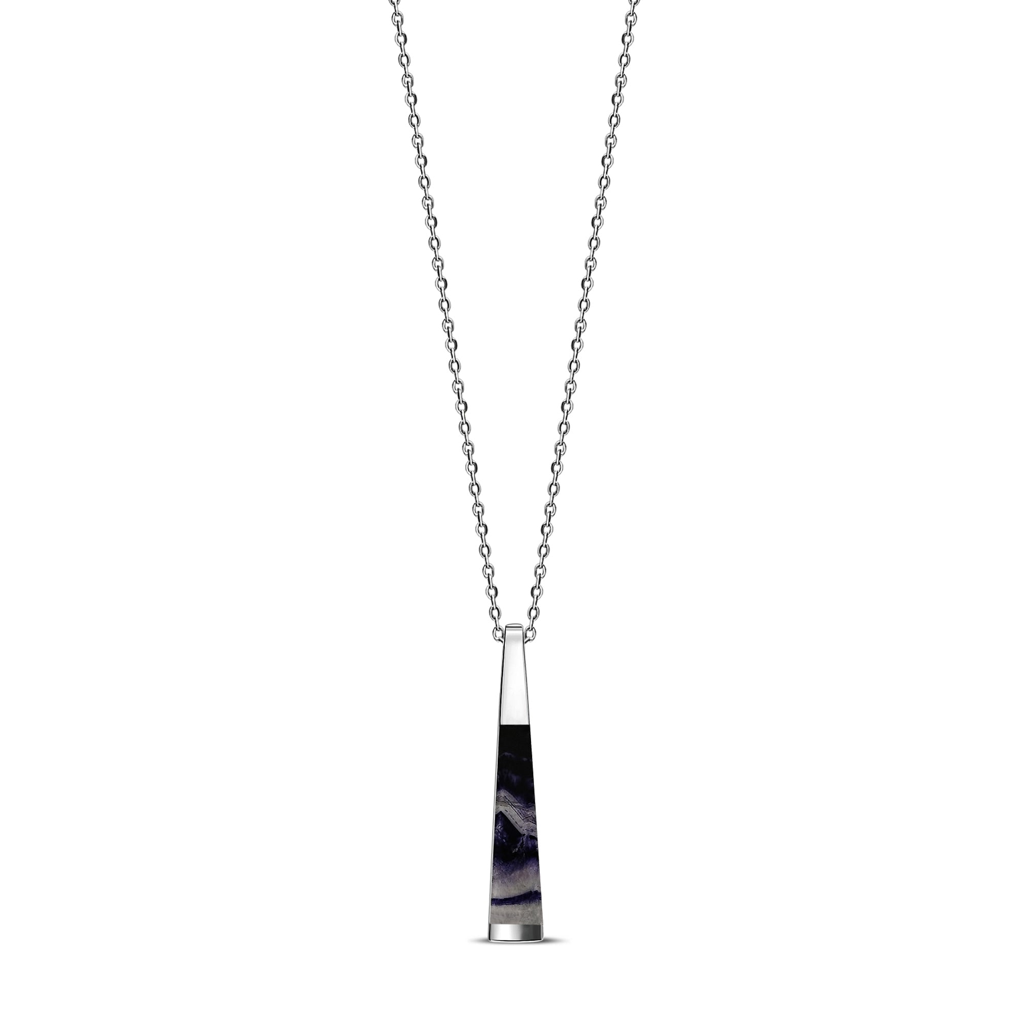 A sterling silver bar pendant set with a blue john gemstone, suspended from a silver chain.