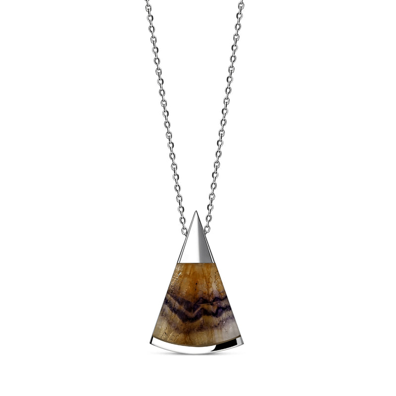 A sterling silver pendant with a triangular shape featuring a borderless setting of blue and multicolored gemstone, suspended from a silver chain.