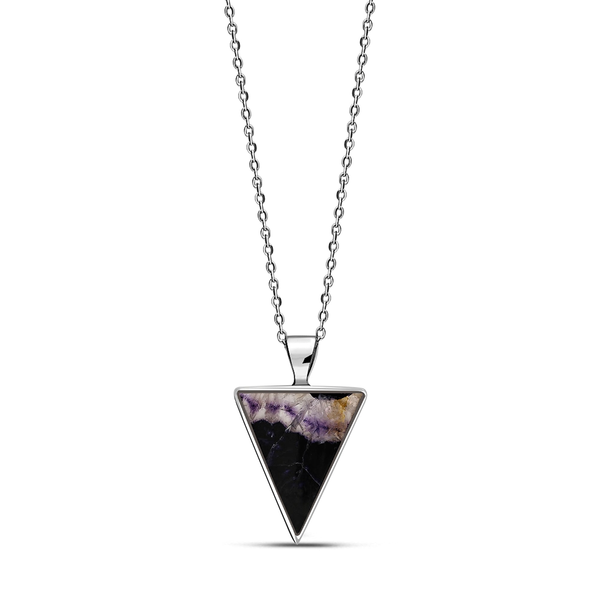 A sterling silver triangular pendant featuring a genuine Blue John gemstone, suspended from a silver chain.