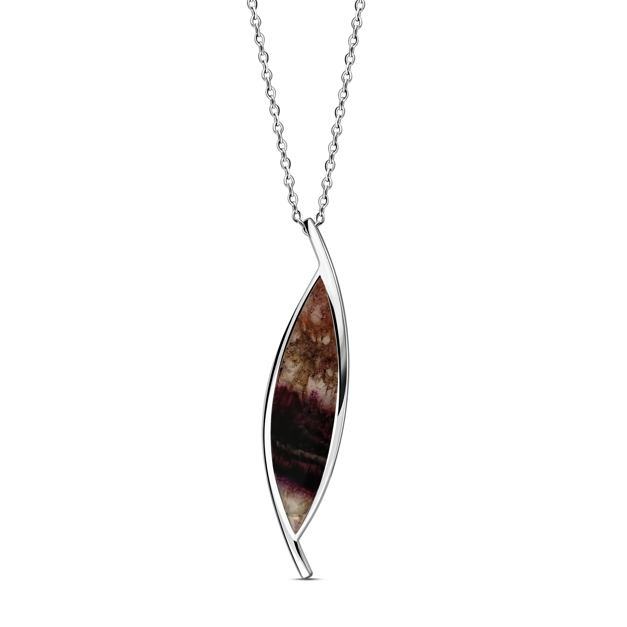 A sterling silver pendant featuring a Large marquise-shaped blue john gemstone, with a silver chain.