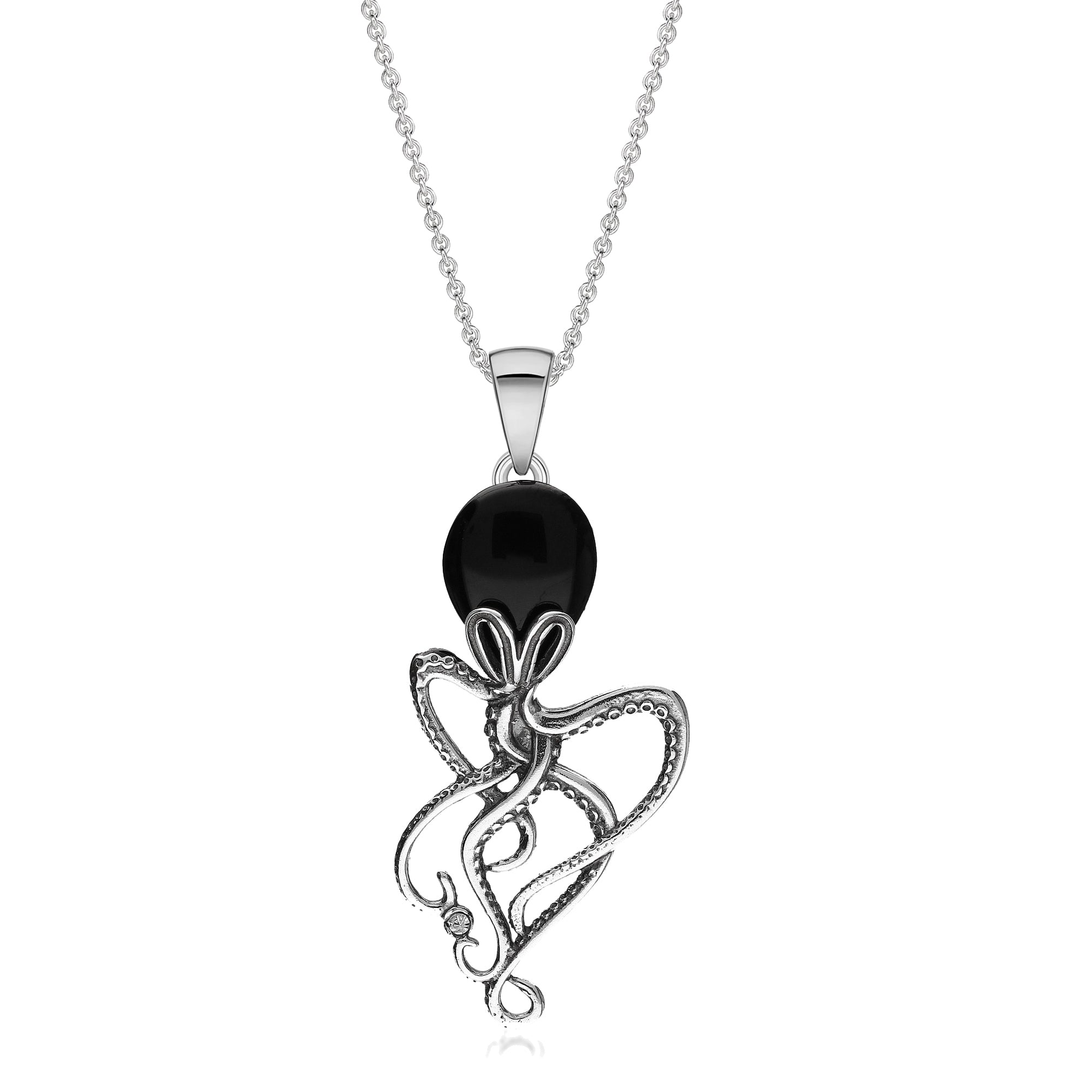 Sterling Silver Whitby Jet CZ Larger Octopus Pendant