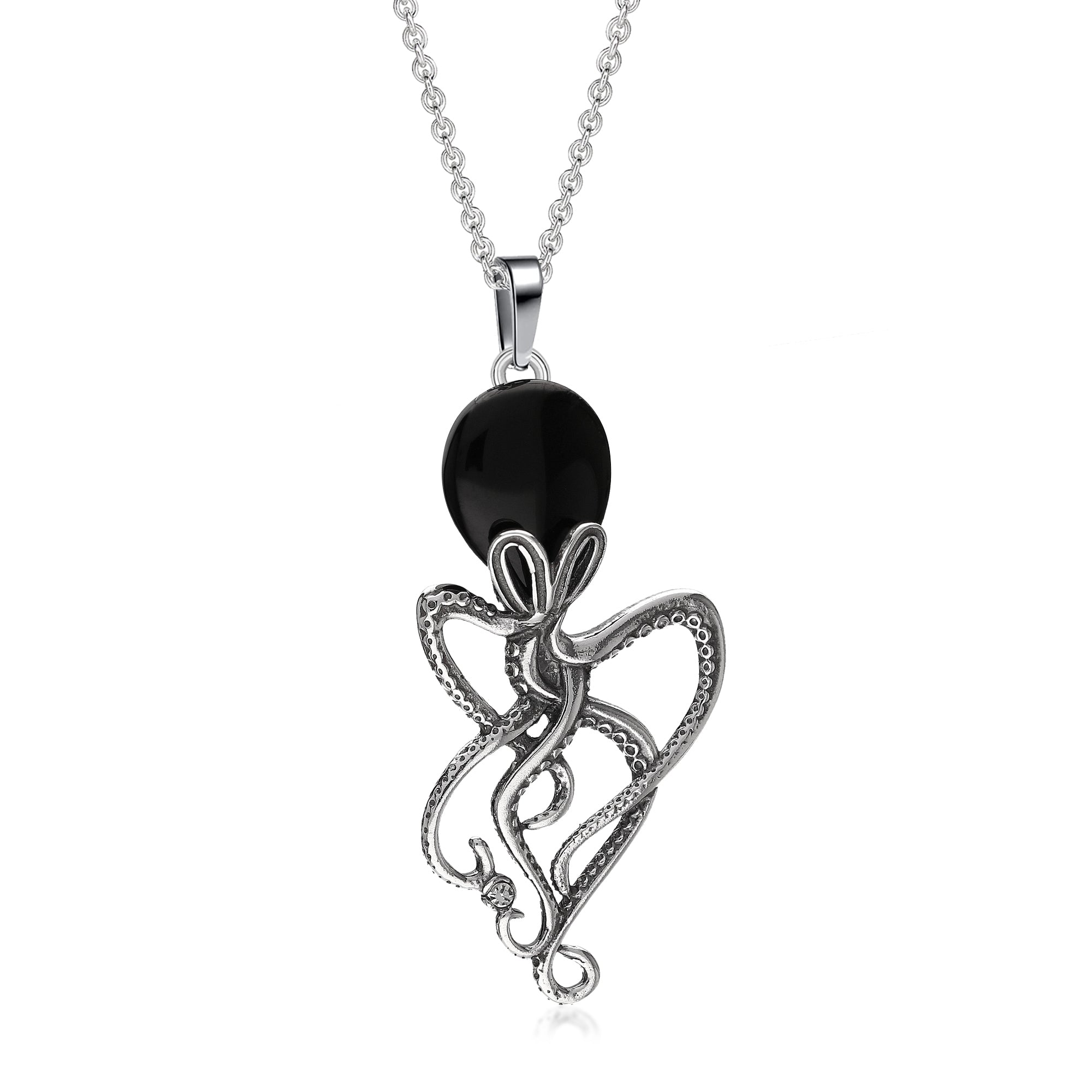 Sterling Silver Whitby Jet CZ Larger Octopus Pendant