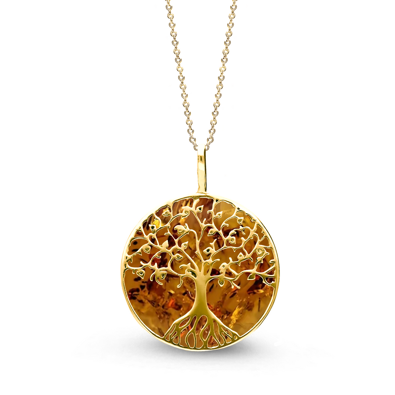 Gold Vermeil Amber Large Tree of Life Pendant