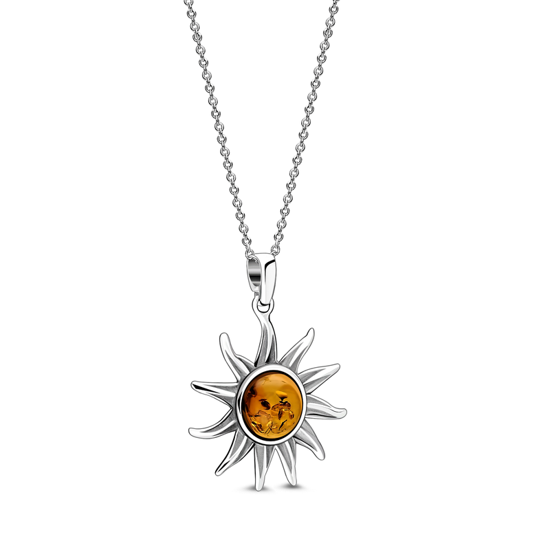 Sterling Silver Amber Oxidised Sun Pendant
