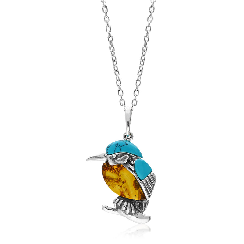 Sterling Silver Small Amber & Turquoise Kingfisher Pendant