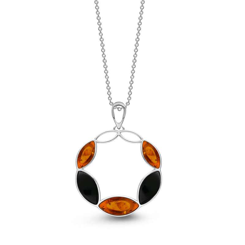 Sterling Silver Whitby Jet and Amber Marquise Pendant