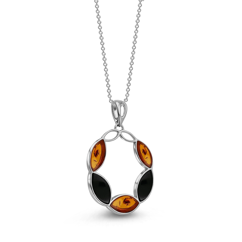 Sterling Silver Whitby Jet and Amber Marquise Pendant
