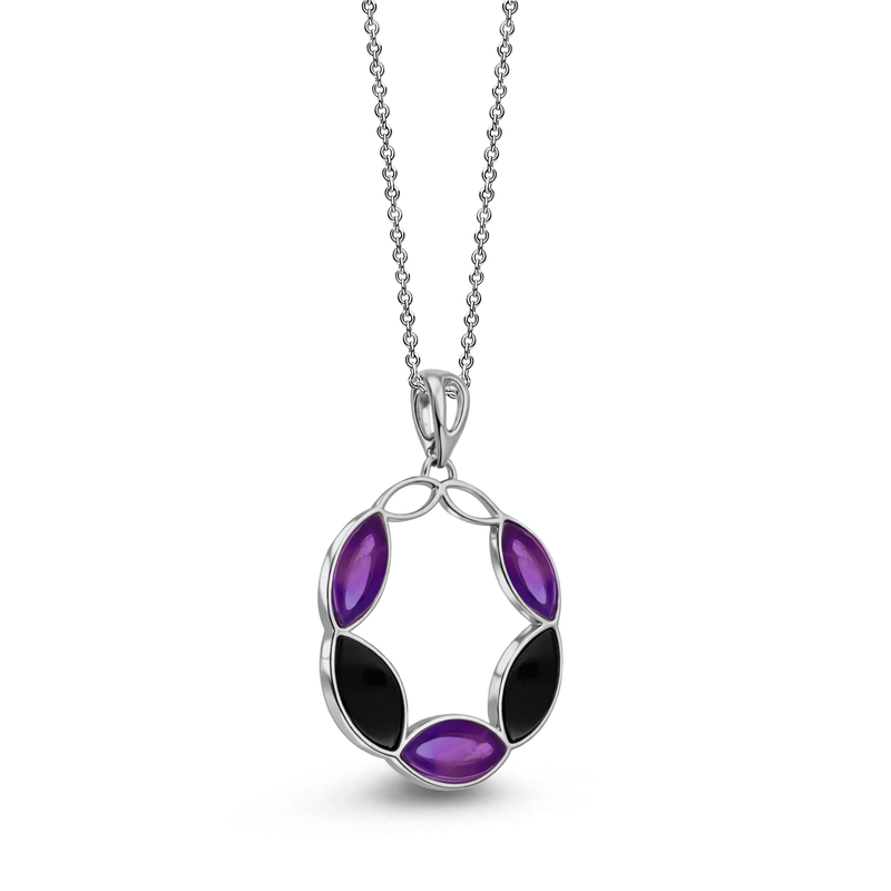 Sterling Silver Whitby Jet and Amethyst Large Marquise Pendant