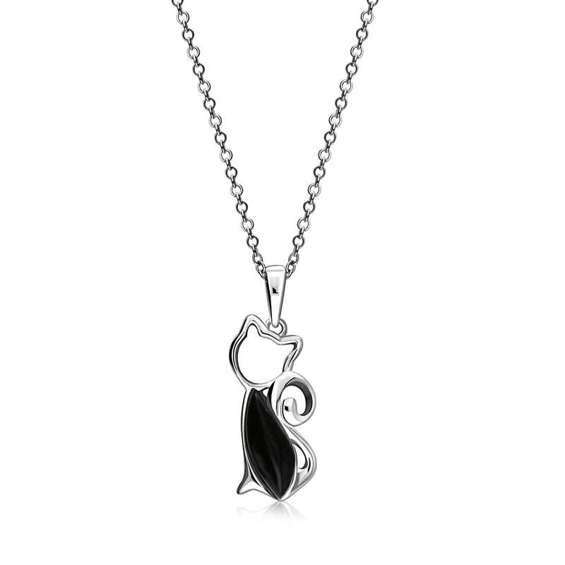 Sterling Silver Whitby Jet Marquise Cat Pendant