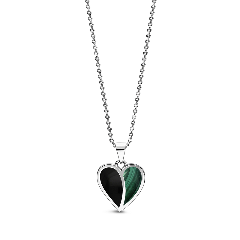 Sterling Silver Whitby Jet & Malachite Split Heart
