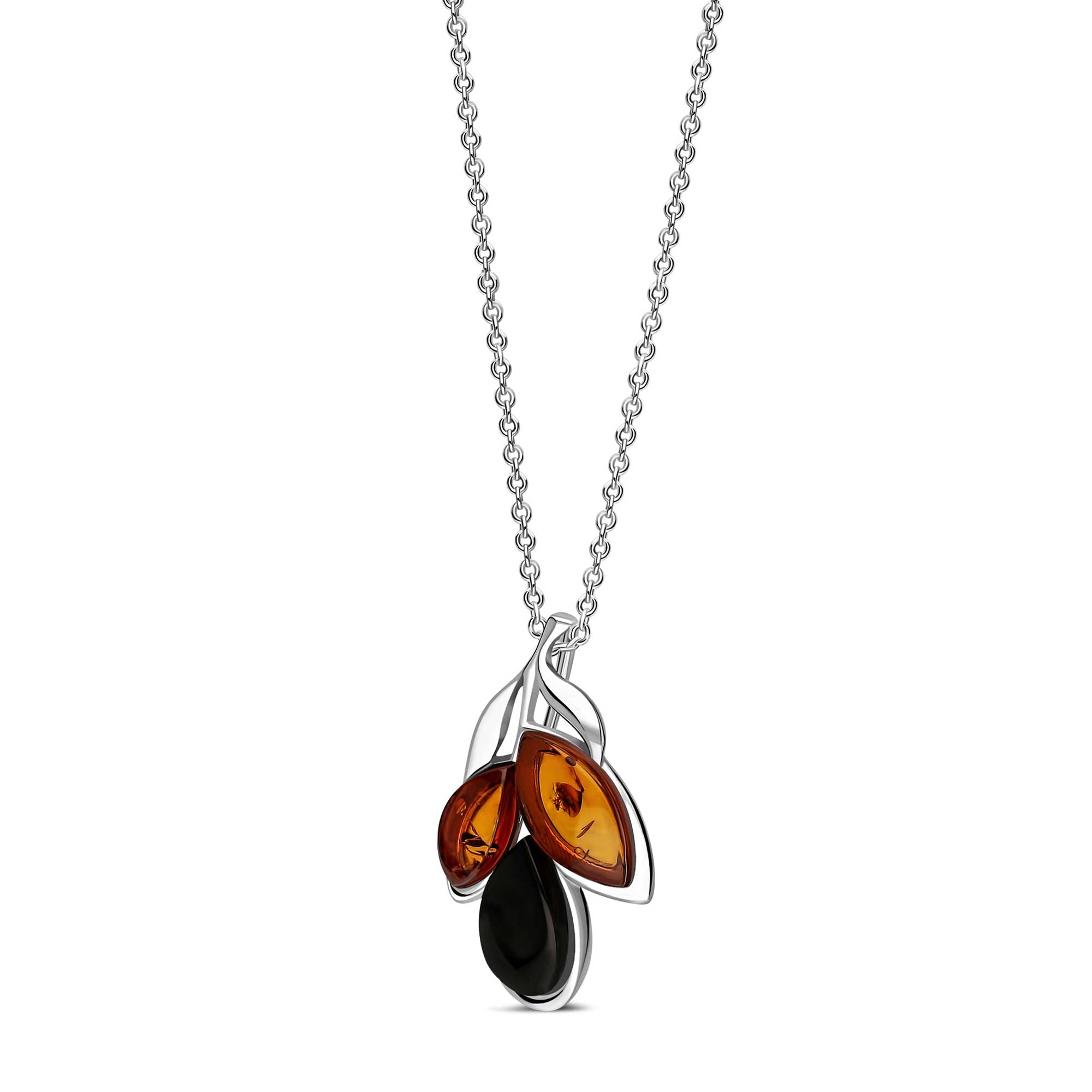 Sterling Silver Whitby Jet & Amber Three Leaf Pendant