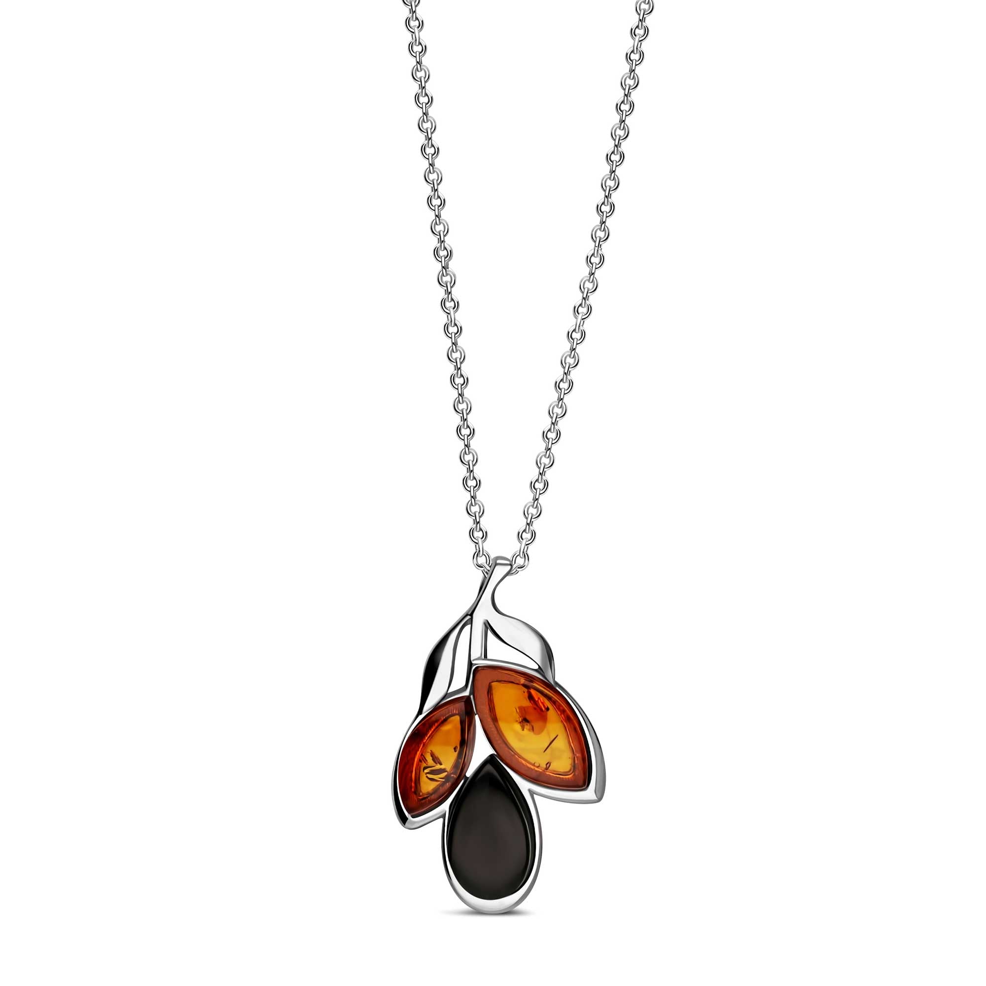 Sterling Silver Whitby Jet & Amber Three Leaf Pendant