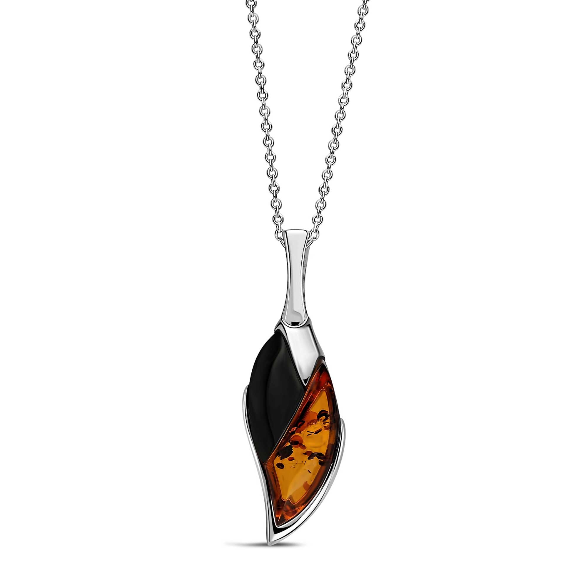 Sterling Silver Whitby Jet & Amber Long Split Leaf Pendant