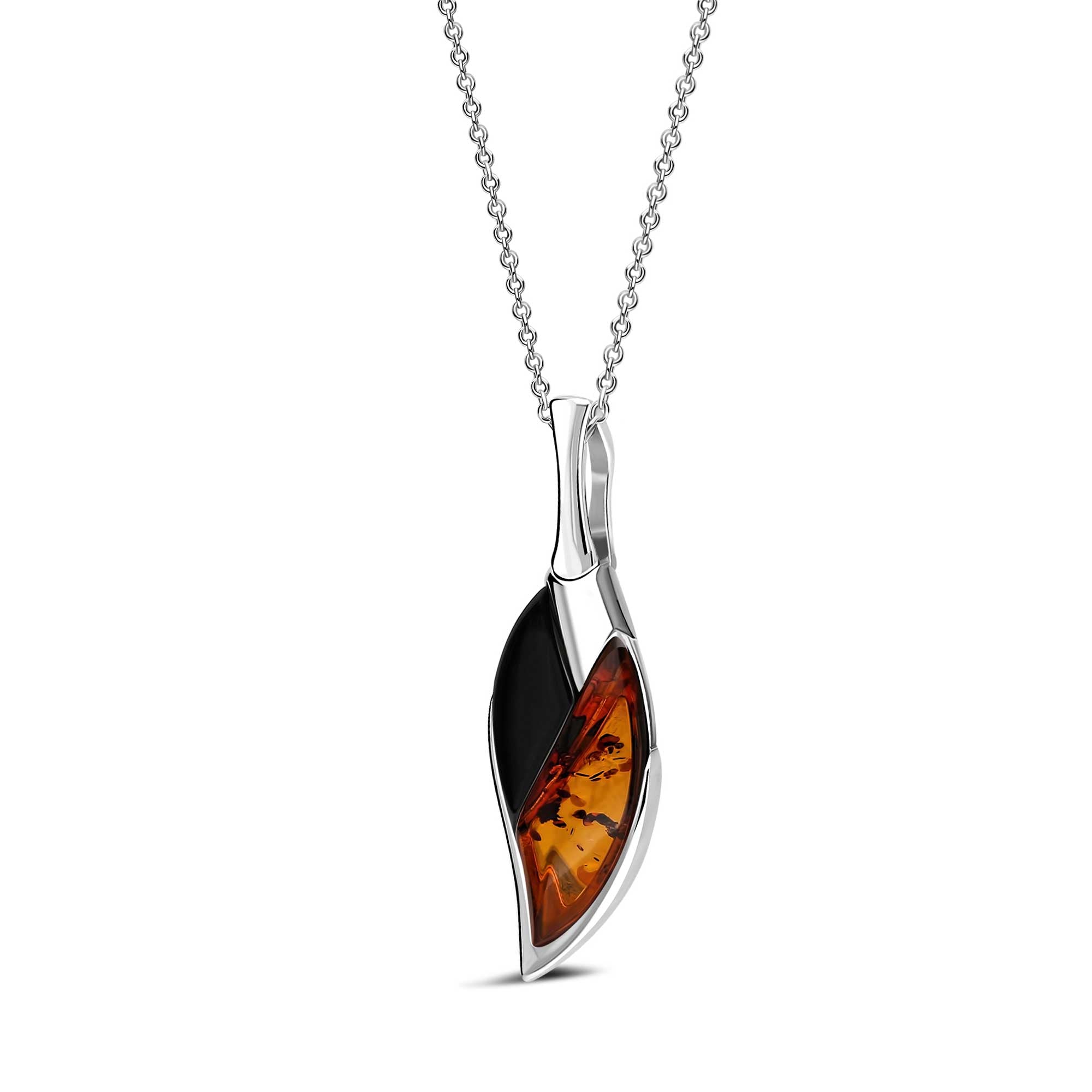 Sterling Silver Whitby Jet & Amber Long Split Leaf Pendant