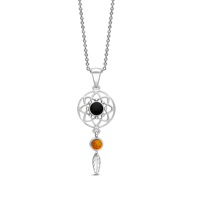 Sterling Silver Whitby Jet & Amber Feather Dreamcatcher Pendant