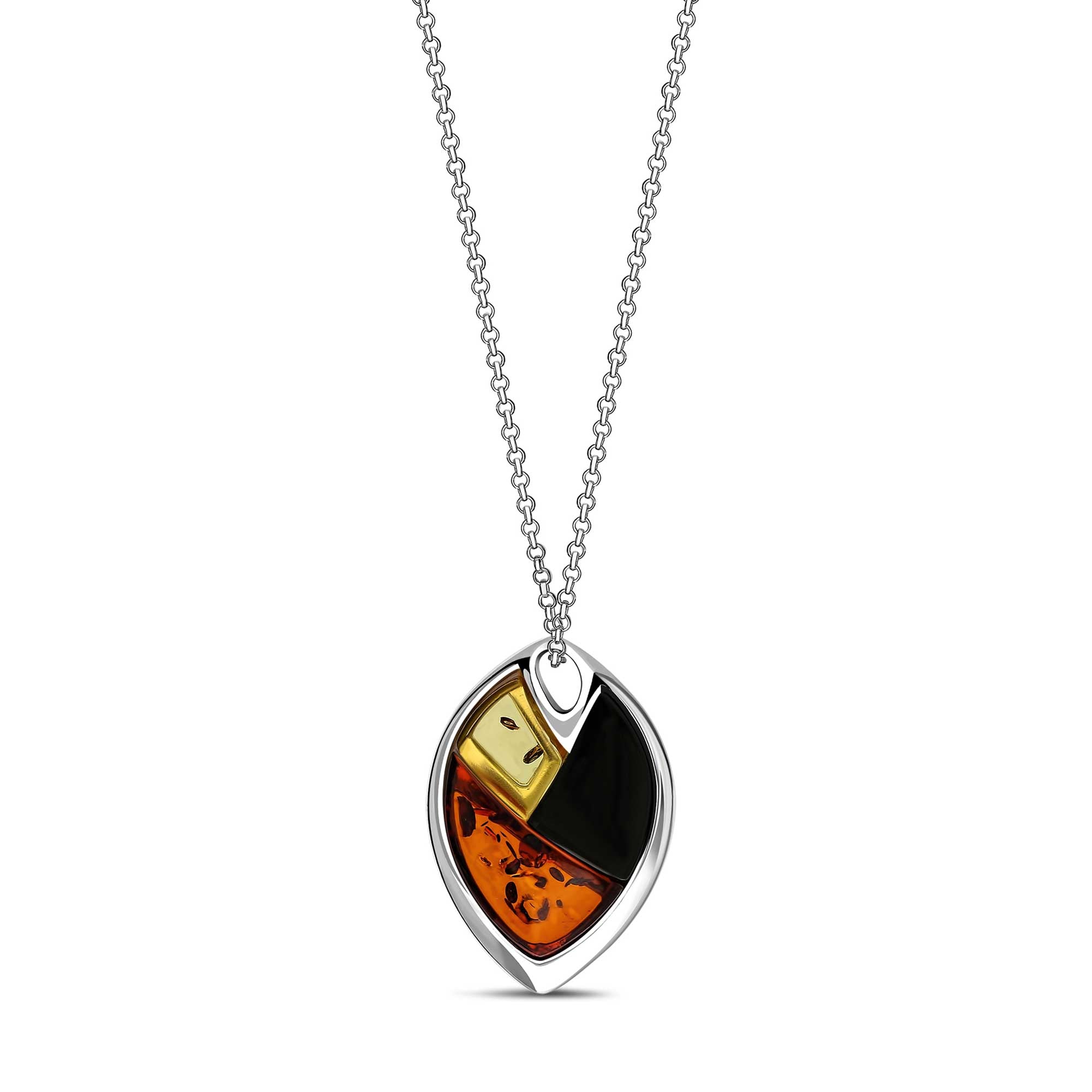 Sterling Silver Whitby Jet & Mixed Amber Segment Leaf Necklace