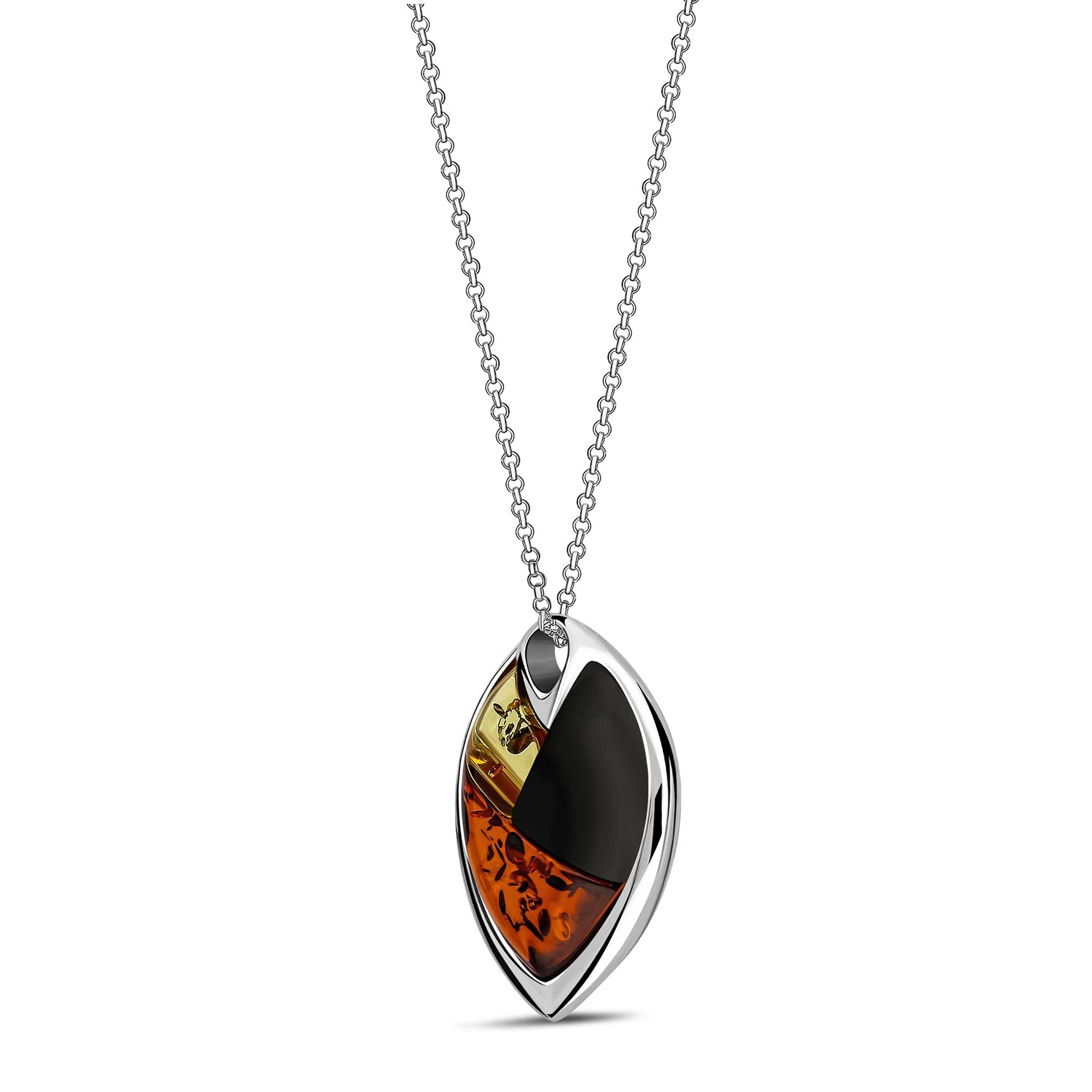 Sterling Silver Whitby Jet & Mixed Amber Segment Leaf Necklace