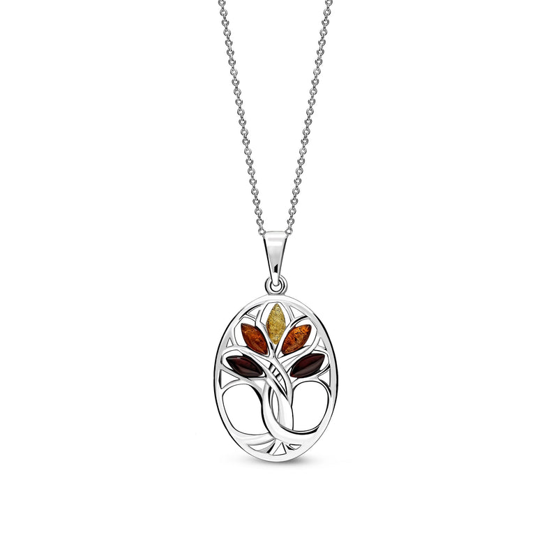 Sterling Silver Mixed Amber Tree Of Life Pendant