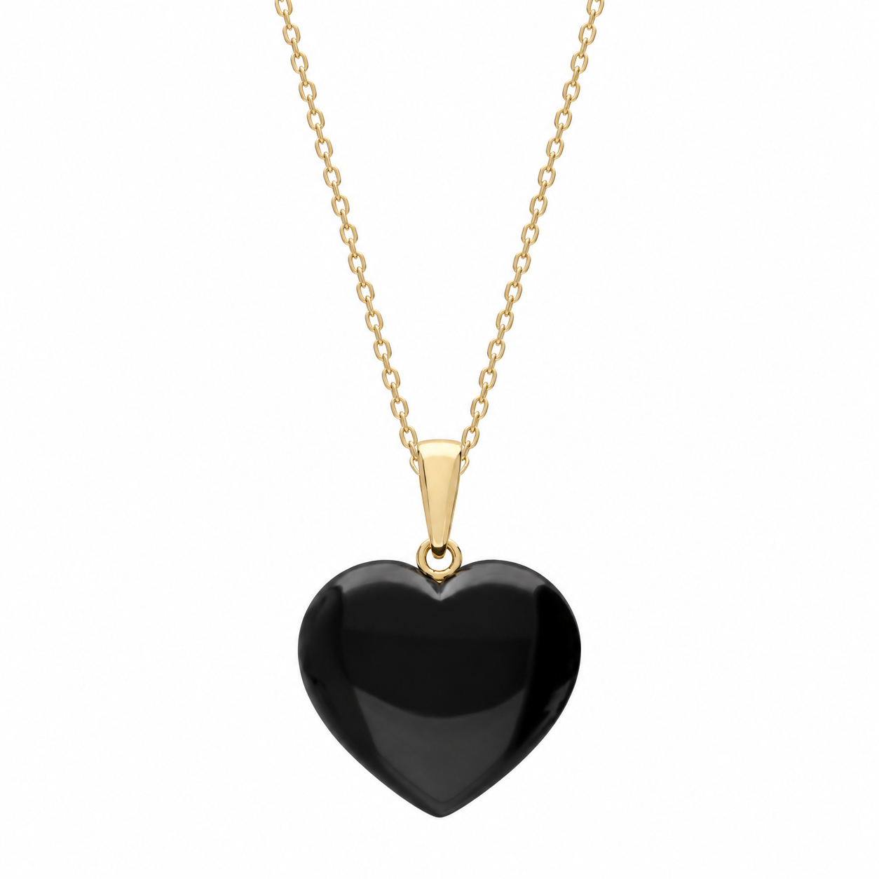 Whitby Jet heart-shaped keepsake pendant necklace with a smooth polished finish, yellow gold bail and delicate matching gold chain.