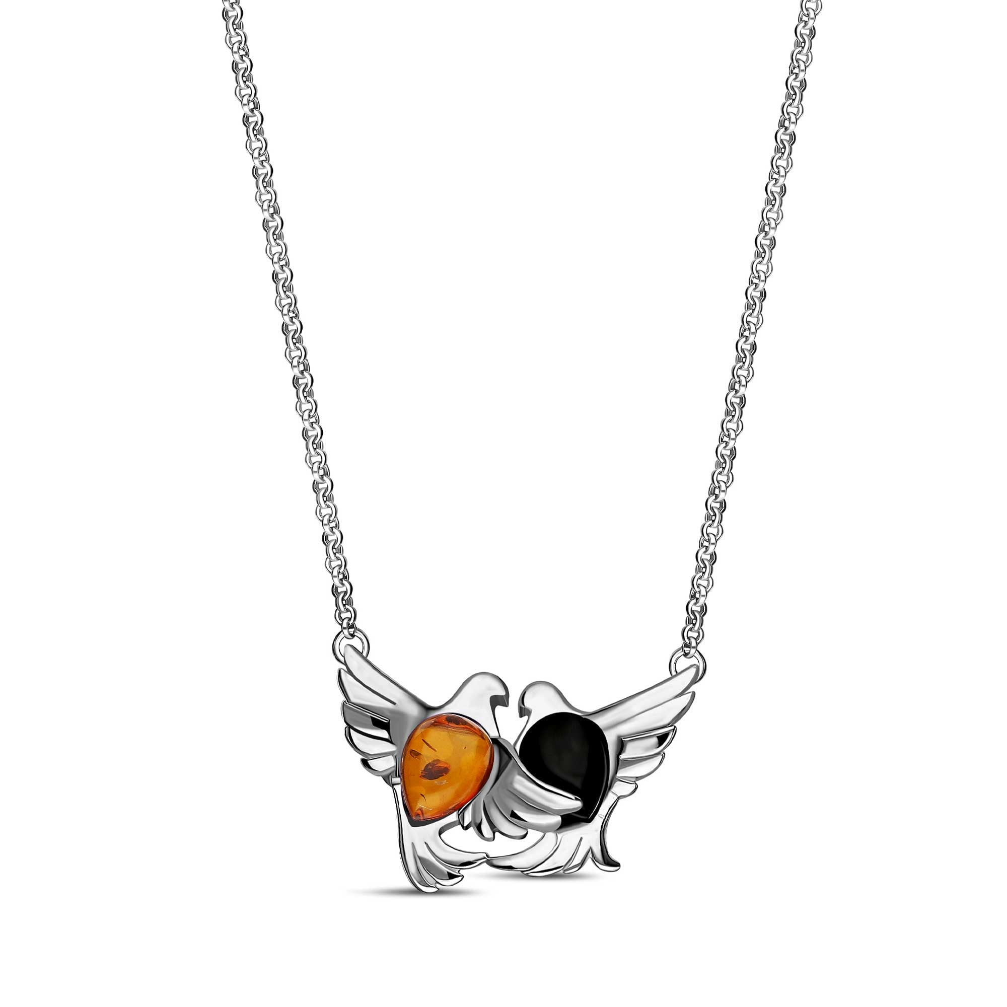 Sterling Silver Whitby Jet & Amber Entwined Dove Necklace