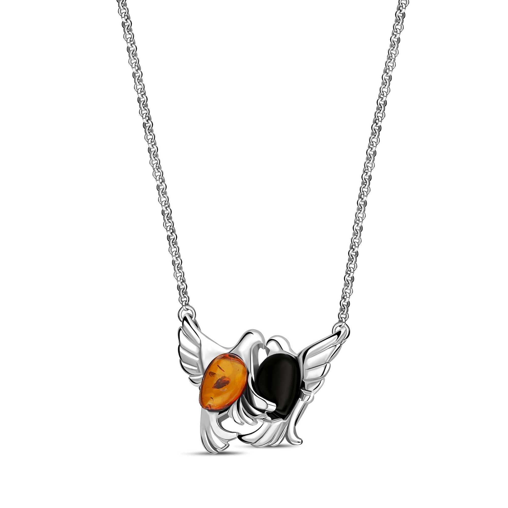 Sterling Silver Whitby Jet & Amber Entwined Dove Necklace