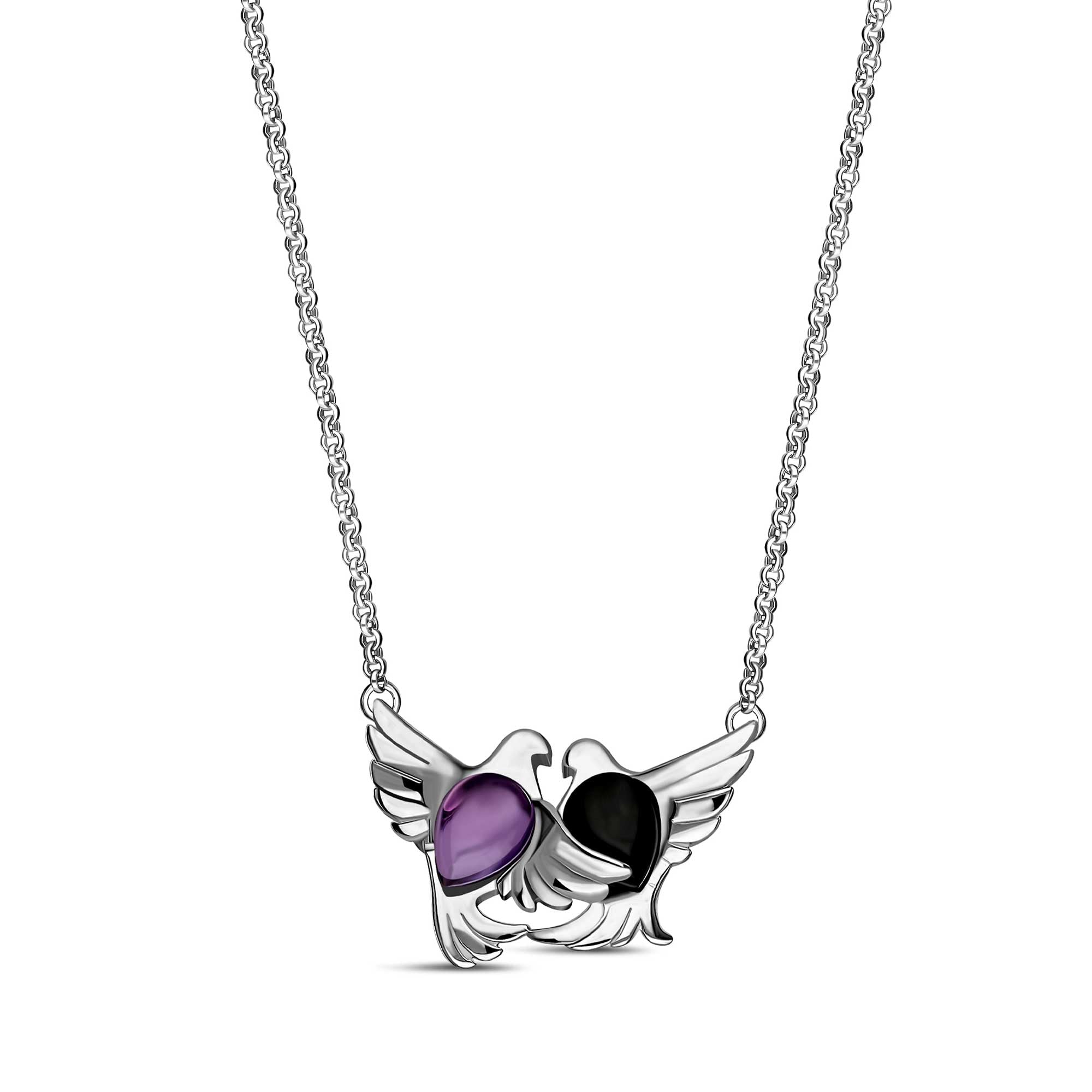 Sterling Silver Whitby Jet & Amethyst Entwined Dove Necklace