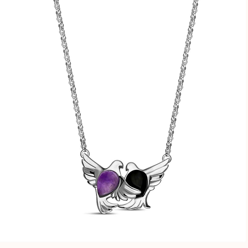 Sterling Silver Whitby Jet & Amethyst Entwined Dove Necklace