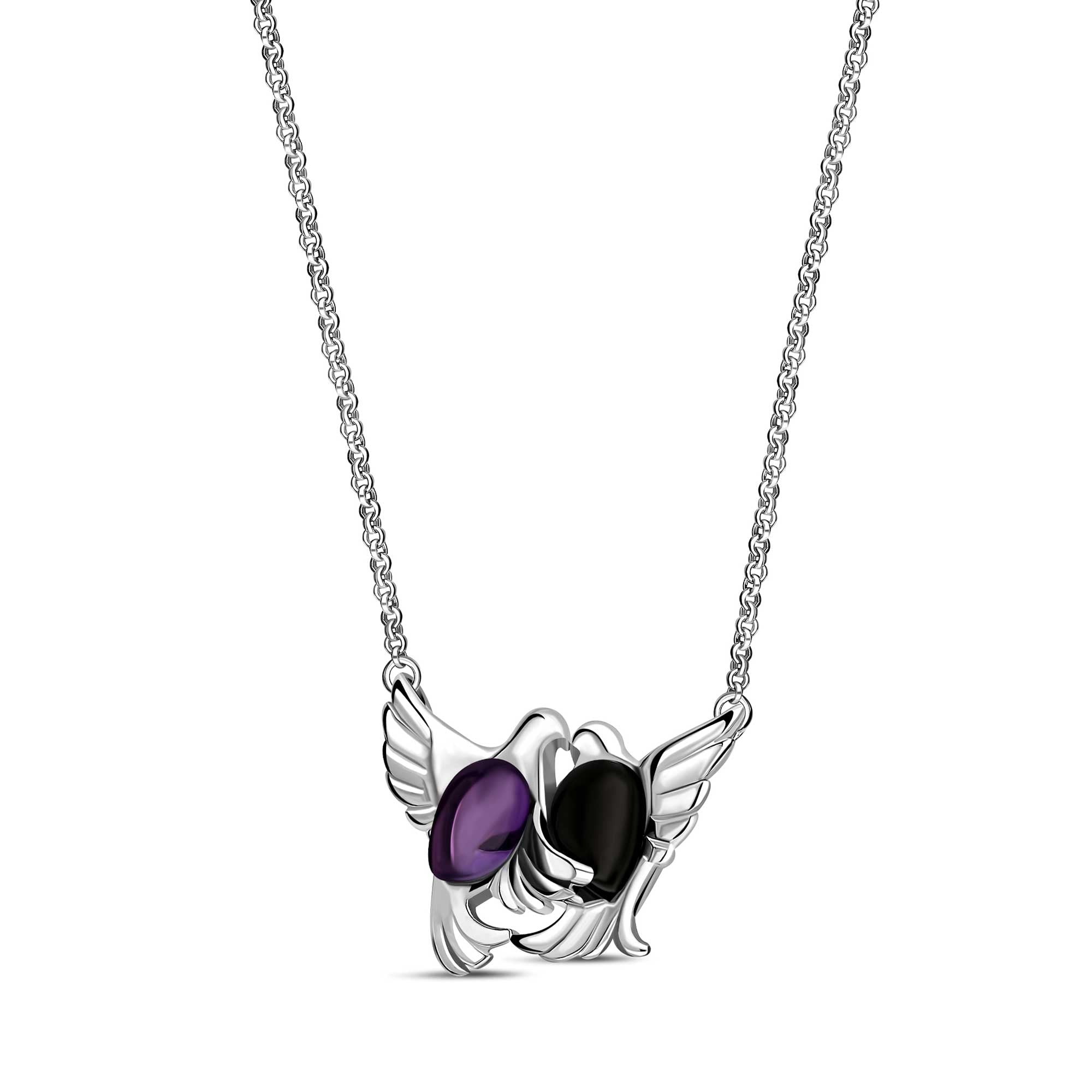 Sterling Silver Whitby Jet & Amethyst Entwined Dove Necklace