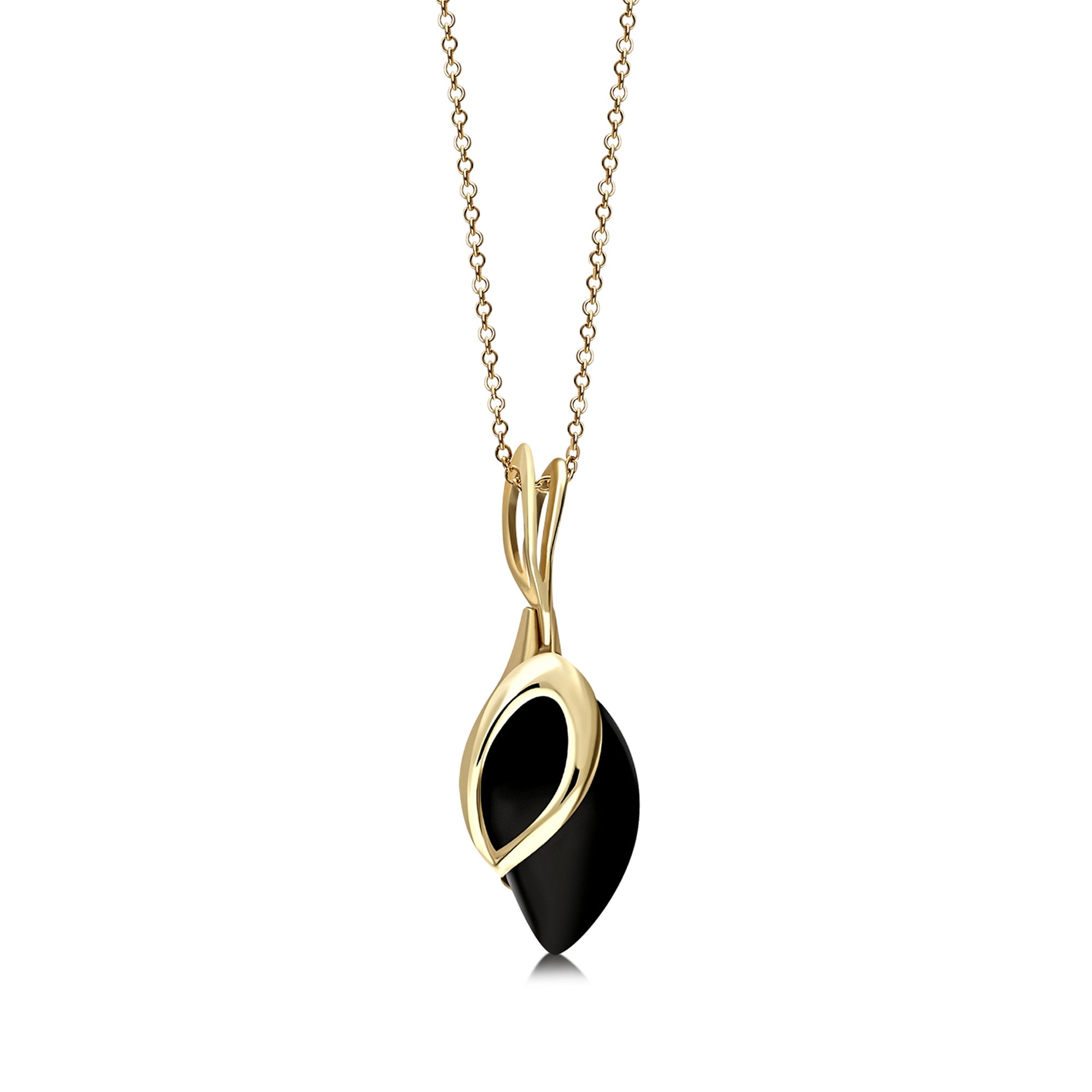 9ct Yellow Gold Whitby Jet Teardrop Leaf Pendant