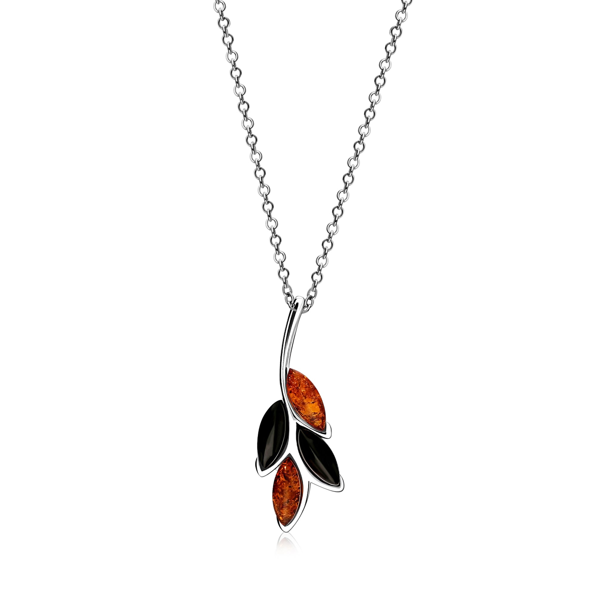 Sterling Silver Whitby Jet & Amber Four Leaf Pendant