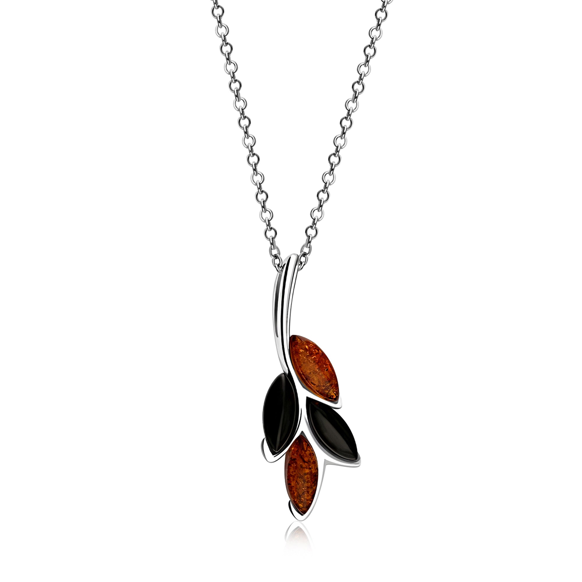 Sterling Silver Whitby Jet & Amber Four Leaf Pendant