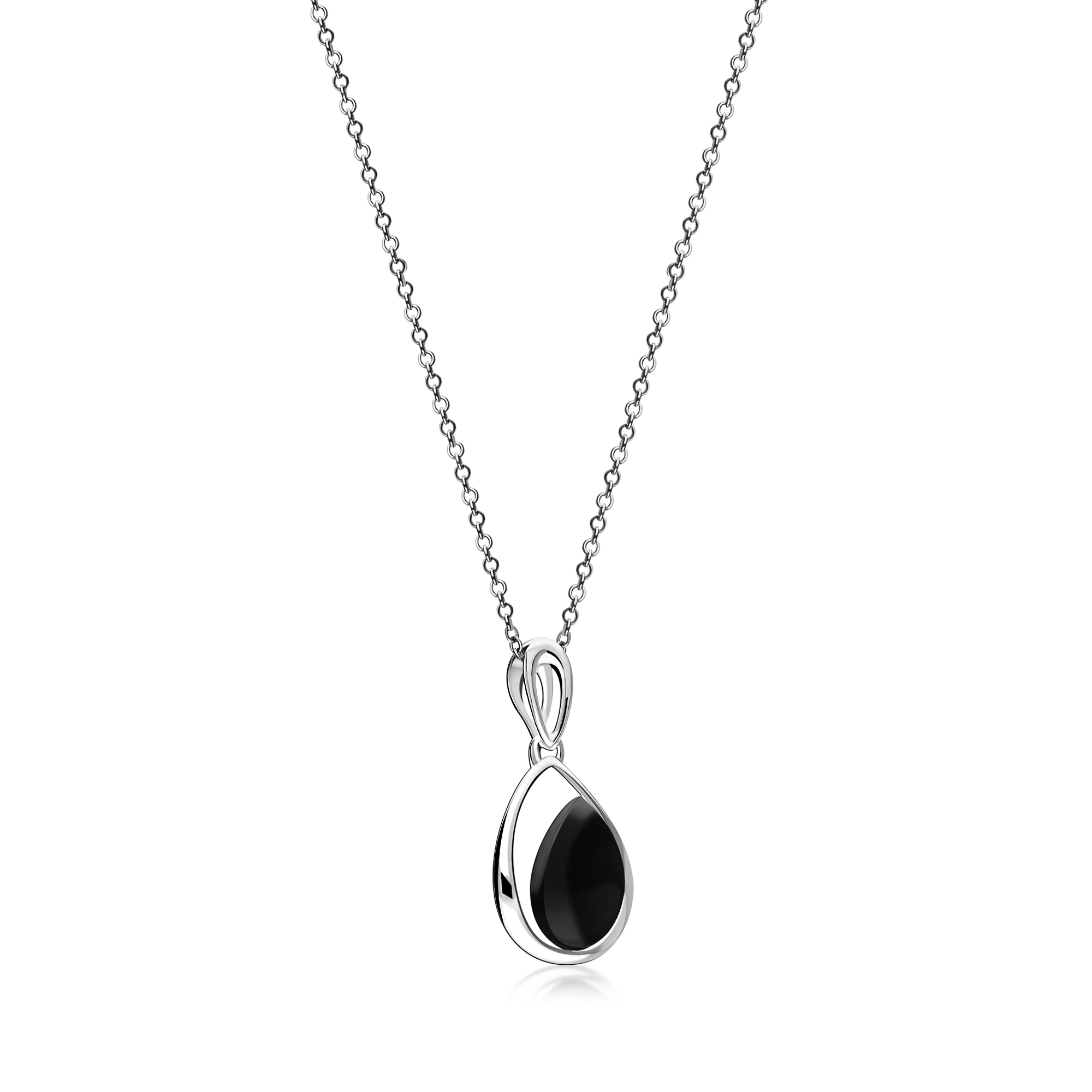 Sterling Silver Whitby Jet Designer Offset Teardrop Pendant