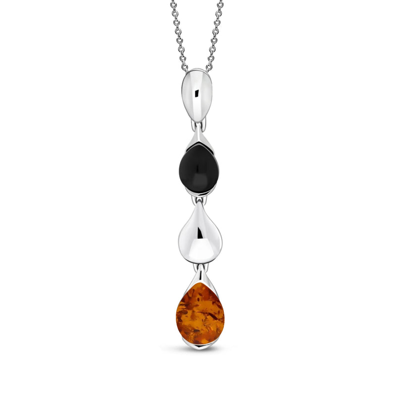 Sterling Silver Three Pear Drop Whitby Jet & Amber Pendant