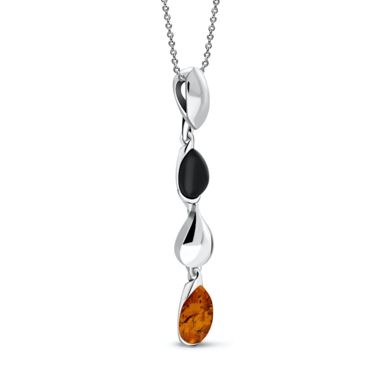 Sterling Silver Three Pear Drop Whitby Jet & Amber Pendant