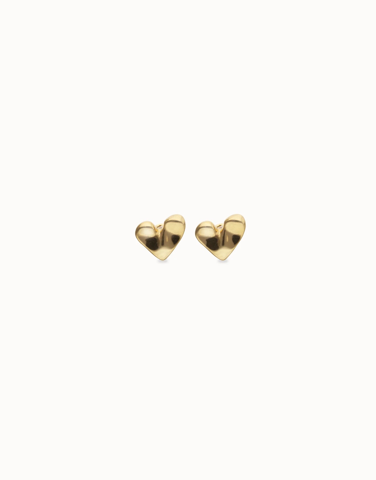 UNOde50 gold plated medium heart stud earrings front view with organic handcrafted heart design.