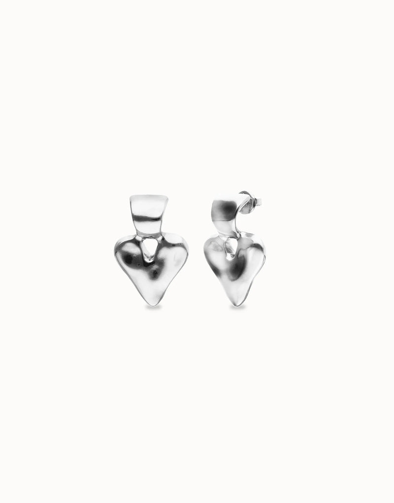 UNOde50 silver plated heart stud earrings with open heart detail and polished organic design, front view.