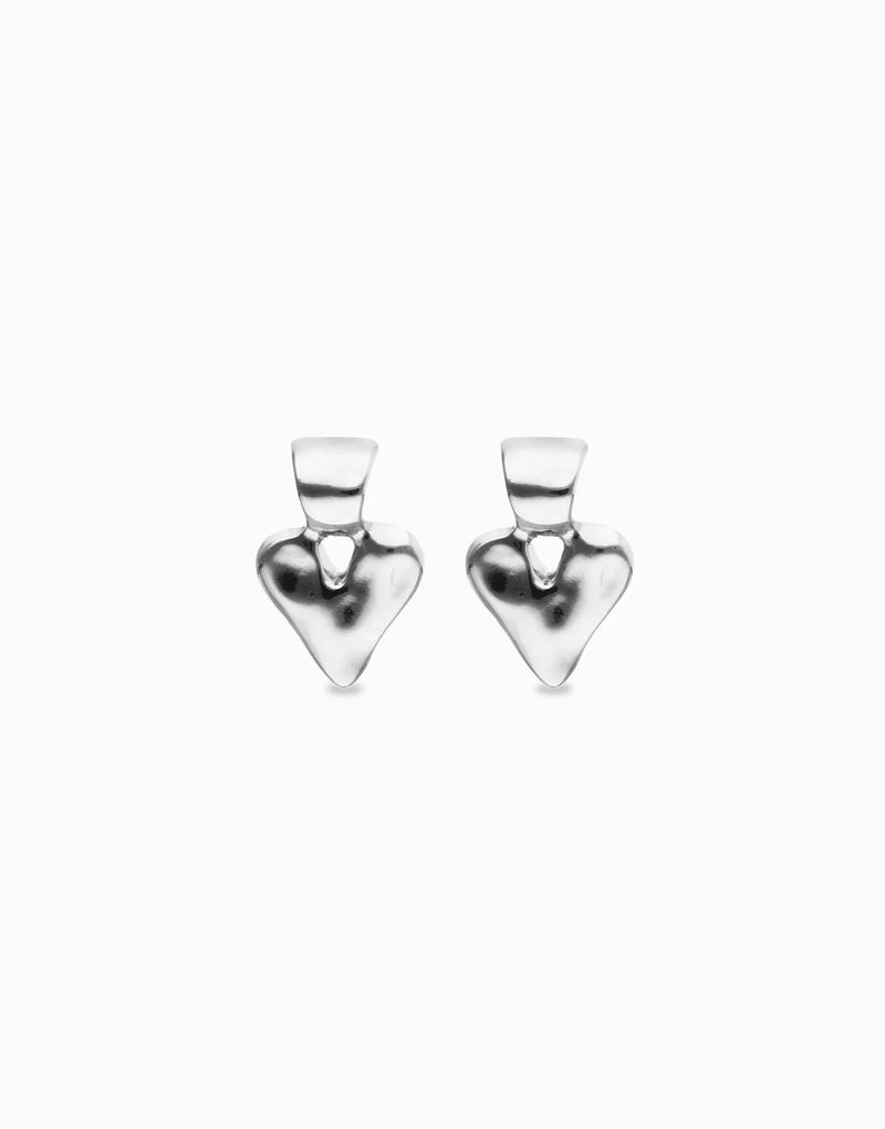 UNOde50 silver plated heart stud earrings with open heart detail and polished organic design, front view.