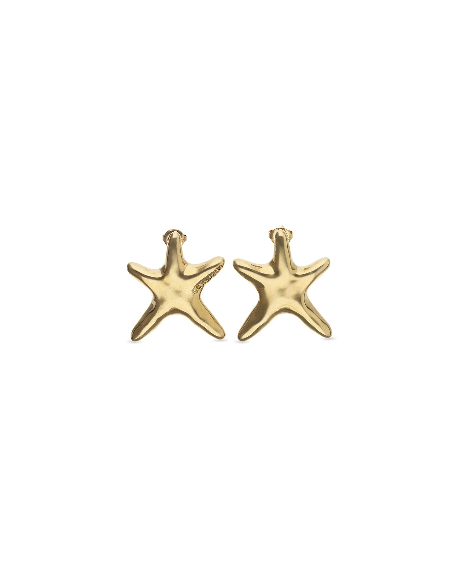 UNOde50 gold plated starfish stud earrings with polished organic starfish design, front view.
